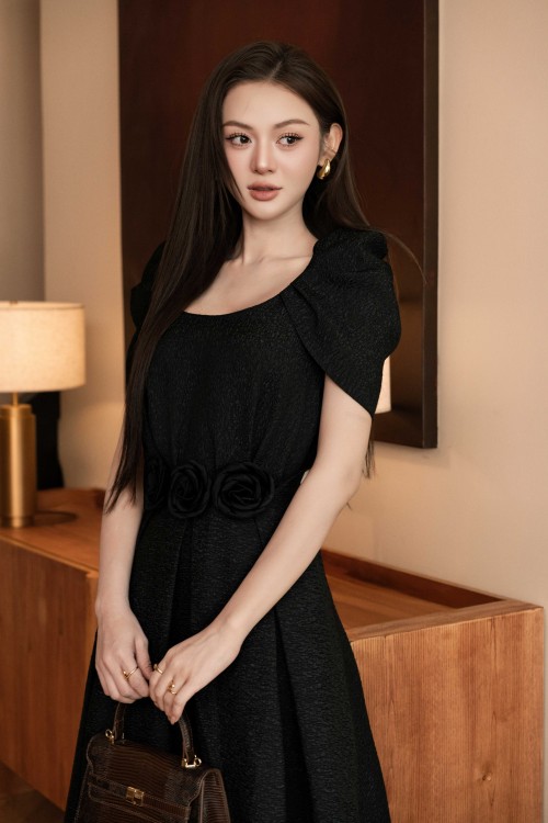 Sixdo Black 3D Flower Brocade Flared Dress